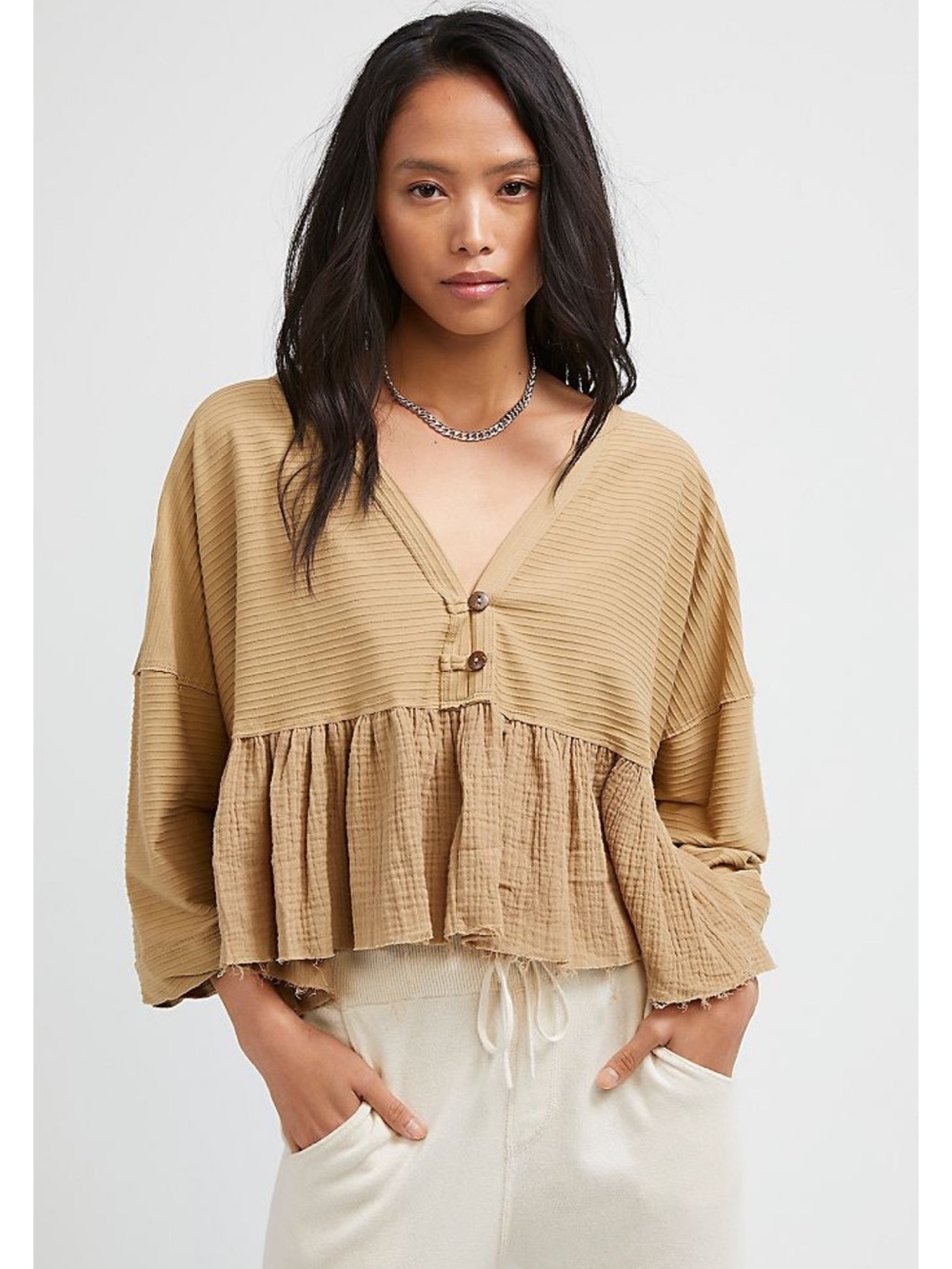We The Free Tan Textured Peplum V-Neck Tunic